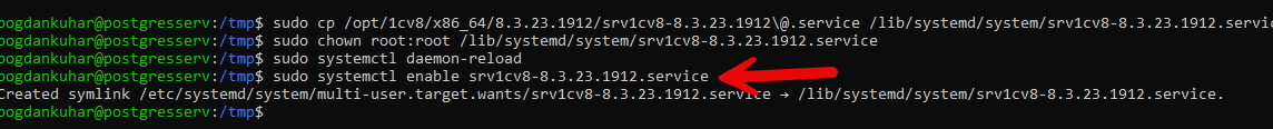 sudo systemctl enable srv1cv8-8.3.23.1912.service